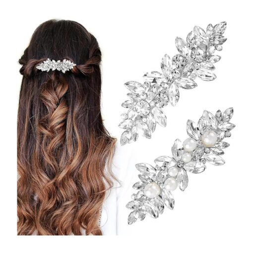 2Pcs Rhinestone Hair Clips Flower Hair Barrettes Crystal Pearl French Hairpins Hair Clip Sparkle Wedding Prom First Communion Accessories for Women Girls Bridal Thick Long Hair