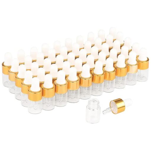 Wresty 50 Pcs Clear Glass Dropper Vails 2ml Mini Essential Oils Sample Dropper Bottles For Traveling Essential Oils Perfume Cosmetic Liquid, With 2 pcs dropper