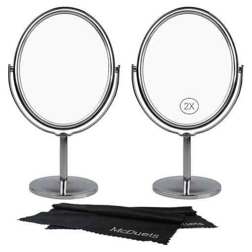 Mini Standing Mirror for Desk, Pack of 2, 2 Sided 360 Degree Swivel Vanity Makeup ( 1x to 2X ) Magnification Tabletop, Gift for Women, Girls, Dolls, Choose ( Silver, 3 inches Oval )