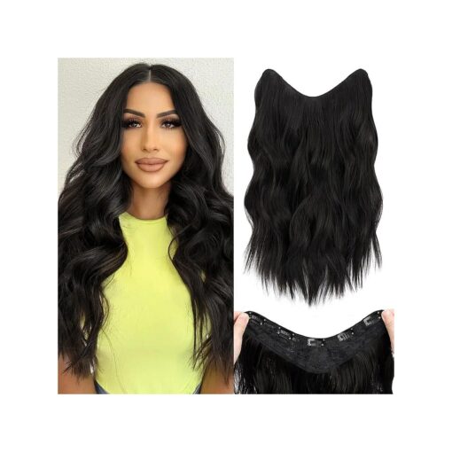 S-noilite One Piece Clip in Hair Extensions 18 Inch U-Shaped Black Hair Extensions Weft with 5 Clips 3/4 Full Head Long Wavy Synthetic Curly One Piece Thick Hairpieces for Women, # 3