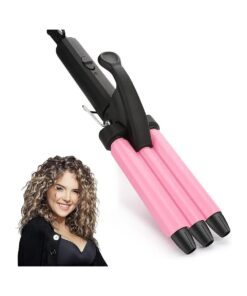 Mini 3 Barrel Curling Iron, Small Hair Crimper 1/2 Inch, Dual Voltage Three Barrel Hair Waver, Portable Ceramic Tourmaline Triple Barrel Crimper Hair Iron for Home and Travel, Pink