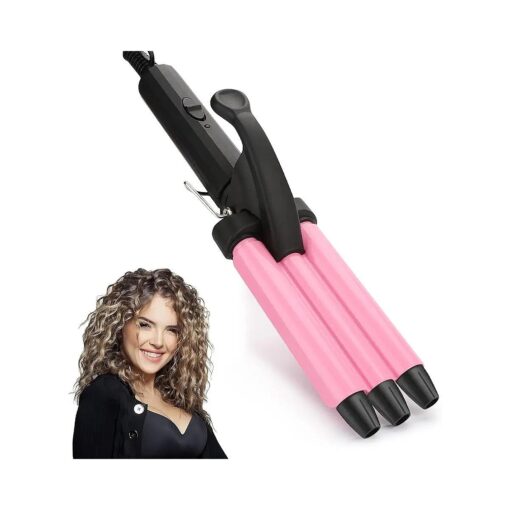 Mini 3 Barrel Curling Iron, Small Hair Crimper 1/2 Inch, Dual Voltage Three Barrel Hair Waver, Portable Ceramic Tourmaline Triple Barrel Crimper Hair Iron for Home and Travel, Pink