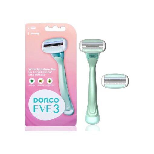 Dorco EVE3 Razors for Women for Extra Smooth Shaving ( 1 Razor Handle, 2 Pcs Razor Blade Refills ), 3 Curved Blades with Flexible Moisture Bar, Womens Razors for Shaving with Aloe Vera Moisture Bar, Interchangeable Cartridge for Sensitive Skin, Mothers Day Gift