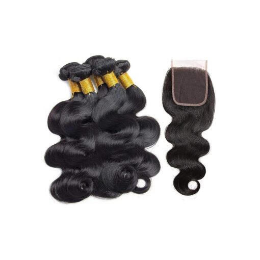 Body Wave Human Hair Bundles with Closure ( 18 20 22+16 Closure ) 100 % Unprocessed Brazilian Virgin 3 Bundles Human Hair with 4X4 Free Part Lace Closure Natural Color Hair Extensions