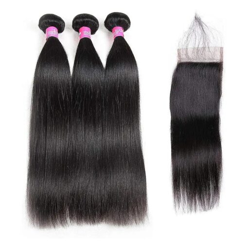 ISEE Hair 8A Malaysian Straight Hair 3 Bundles With Closure Virgin Unprocessed Human Hair Wefts Hair Extensions Deal With Mixed Lengths 18 20 22 Inches With 16 Inches Free Part Closure