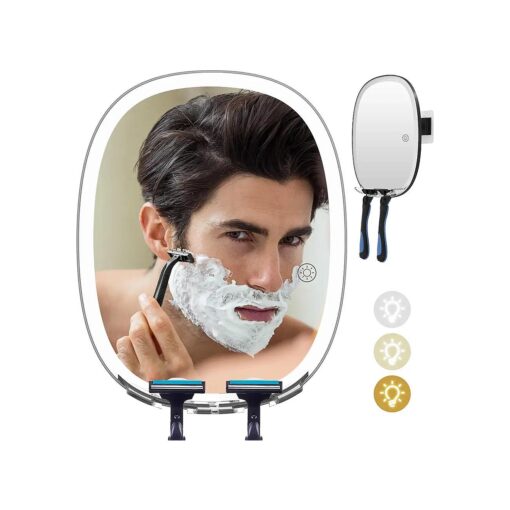 COSMIRROR Shower Mirror Fogless for Shaving with Light, No-Drilling, 3-Color Dimmable Lights - Larger Anti-Fog Shower Mirror with Razor Holders Shatterproof & Waterproof