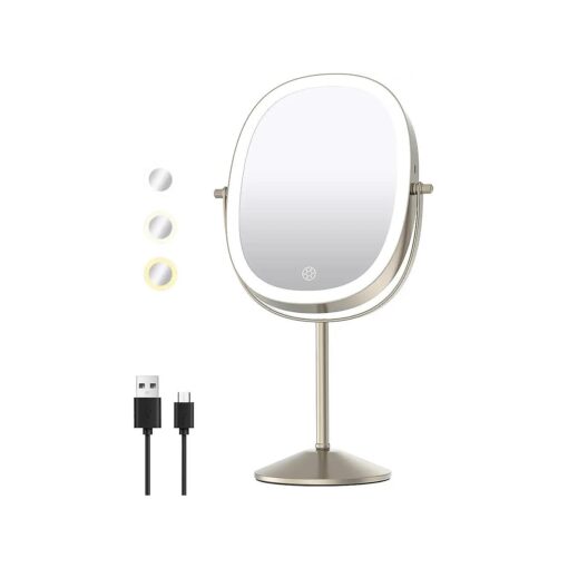 FUNTOUCH Lighted Makeup Mirror, Oval 1X/7X Magnifying Mirror with Light, 360deg Rotation Touch Screen Vanity Mirror, 3 Color Option Dimmable Double Sided Rechargeable Makeup Mirror with Magnification