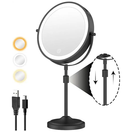 9" Lighted Makeup Mirror with 1X 10x Magnification, 5000mAh Rechargeable Led Magnifying Vanity mirror with lights, 3 Lighting Colors, Brightness Dimmable Height Adjustable Cosmetic Mirror Black