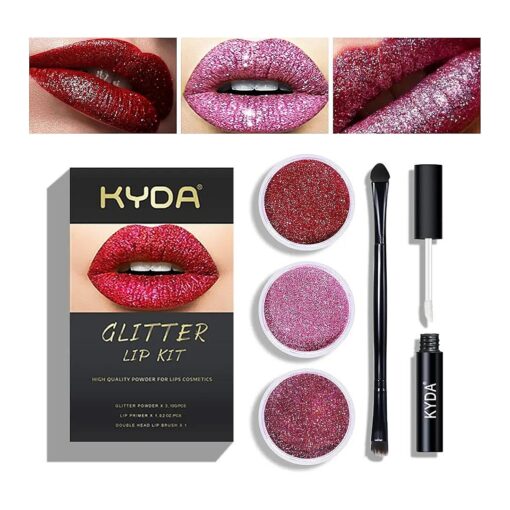 KYDA 3 Colors Glitter Lip Kit, Diamond Metllic High Pigmented Powder for Lips Cosmetics, Glitter Lips Makeup, with Lip Primer and Brush, Long Wear-Set A