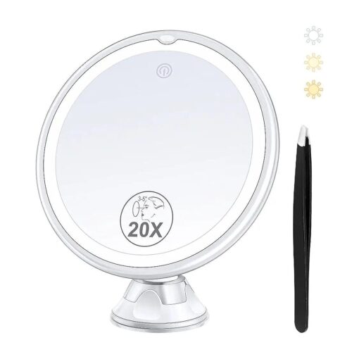 B Beauty Planet Upgraded Magnifying Mirror with Light, 20X Lighted Magnifying Mirror with Suction Cup and Tweezers, 3 Colors Vanity Mirror, 360 Rotation, Makeup Mirror with Lights 8 Inches