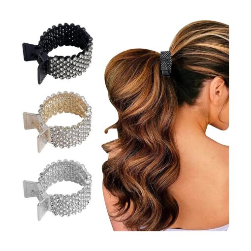 Hair Barrettes Hair Claw Clips, 1.4Inch Small Rhinestone Design for High Ponytail - Great for Women with Thick Long Hair, 3 Colors, Pack of 3