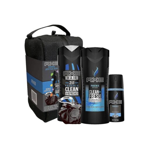 AXE Phoenix Holiday Gift Set Shower Bag With Body Spray, Antiperspirant & Deodorant Stick and Body Wash for Grooming 3 count