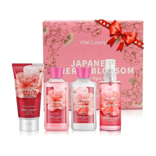 Vital Luxury Bath & Body Kit, 3 Fl Oz Travel Size, Ideal Skincare Relaxing Home Spa Set, Includes Body Lotion, Shower Gel, Body Cream, and Fragrance Mist, Bath Gifts for Her and Him ( Japanese Cherry