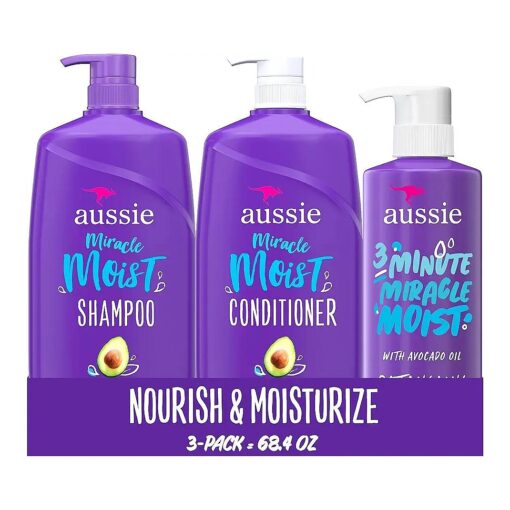 Aussie Miracle Moist Shampoo and Conditioner with 3 Minute Miracle Deep Conditioner, Avocado & Jojoba Oil, Paraben-Free, Moisturizes & Detangles, All Hair Types, Citrus Floral Scent, 3 Pack 68.4 Fl Oz