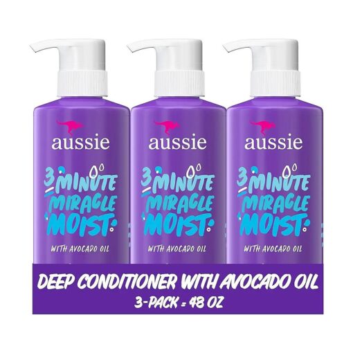 Aussie 3 Minute Miracle Moist Deep Conditioner for Dry Hair, Avocado & Jojoba Oil, Safe for Color Treated Hair, Nourishing Hydration, Silky Shine, Paraben-Free, 16 Fl Oz Each, Triple Pack