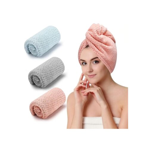 3 PCS Microfiber Hair Towel, Hair Wraps for Women Wet Hair, Fast Drying Hair Turban, Anti Frizz Head Towels Wrap for Curly Hair ( Grey, Pink, Blue )