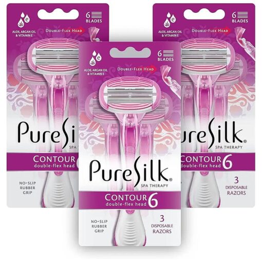 Pure Silk Contour 6 Premium Disposable Razor Value Pack Bundle ( 3 Packs/9 Total Razors )