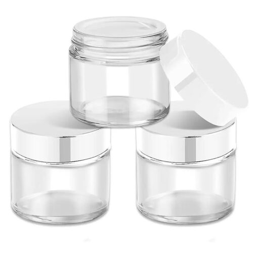 2 oz Glass Jars with Lids, Bumobum 3 pack Clear Small Jar with White Lids, Blank Labels & Inner Liners, 60 ml Empty Round Cosmetic Containers for Sample, Powder, Cream, Lotion, Spice