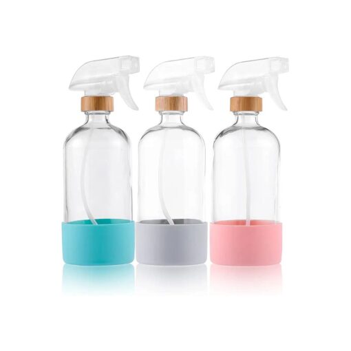 3pack Refillable Bamboo Glass Spray Bottle, Spray Bottles for Cleaning Solutions, 17 oz Silicone Protective Glass Spray Bottle Sets and Accessories, Containers for Cleaning Solutions ( 3pcs Upgraded Nozz )