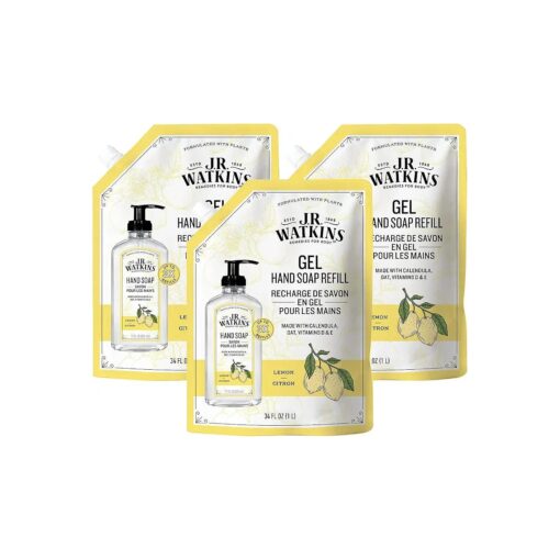 J.R. Watkins Gel Hand Soap Refill, Moisturizing Hand Wash, All Natural, Alcohol-Free, Cruelty-Free, USA Made, Lemon, 34 Fl Oz, 3 Pack