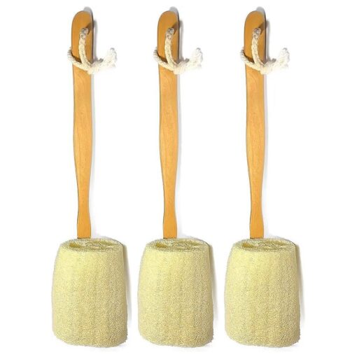 3 Pack Natural Exfoliating Loofah luffa loofa Bath Brush On a Stick - with Long Wooden Handle Back Brush for Men & Women - Shower Sponge Body Back Scrubber