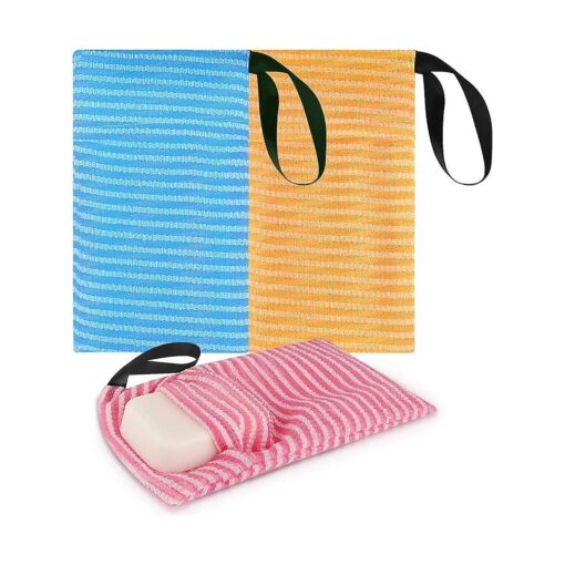 Linkidea 3 Pack Stripes Soap Bag for Soap Bars, Exfoliating Sponge Body Scrubber Shower Soap Holder with Lanyard, Mesh Soap Saver Pouch for Bath Bar Soap, Foaming & Drying Soap Bags Bulk Pack