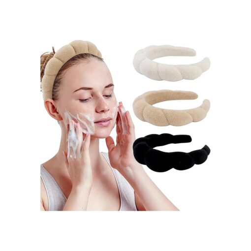 WHAVEL 3 Pack Spa Headband Skincare Headbands, Makeup Headband Sponge Terry Cloth Headbands Face Wash Headband Puffy Hair Band for Washing Face Women Girls ( Khaki, Brown, Black )