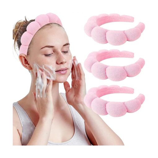 WHAVEL 3 Pack Spa Headband Skincare Headbands, Makeup Headband Sponge Terry Cloth Headbands Face Wash Headband Puffy Hair Band for Washing Face Women Girls ( Pink )