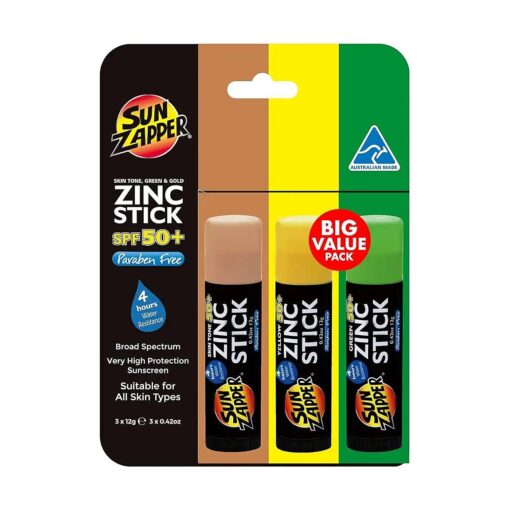 Zinc Stick Sunscreen 3 Pack - Skin Tone, Green & Gold - SPF 50+ Waterproof Sunblock for Face & Body, Adults, Kids, Baby