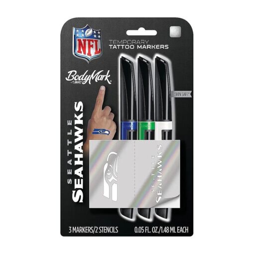 BIC BodyMark, Temporary Tattoo Marker, NFL Series, Seattle Seahawks, Skin Safe, Brush Tip, Assorted Colors, 3-Pack with Stencils