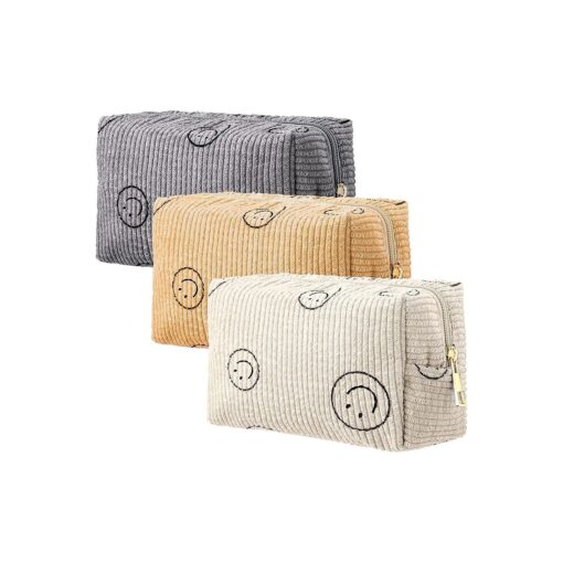 3 Pcs Corduroy Cosmetic Bag Smile Face Aesthetic Preppy Makeup Bag Corduroy Toiletry Aesthetic Pouch Travel Smile Bags for Women Purse Corduroy Makeup Organizer ( White, Gray, Yellow, Stylish )