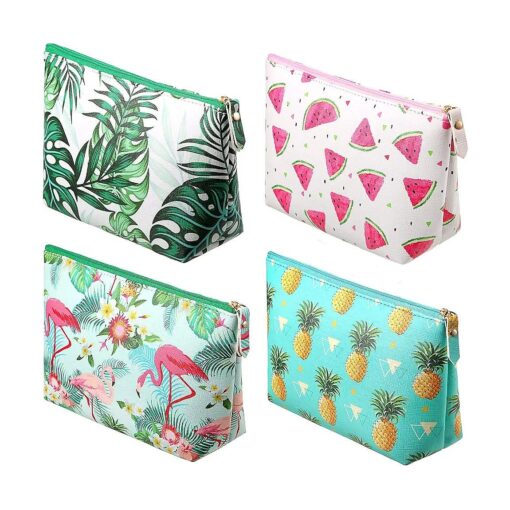 Weewooday 4 Pieces Cosmetic Makeup Bag Tropical Summer Foldable Portable Pouch Purse Handbag with Zipper Waterproof Barrel Makeup Bag for Women Girl Gift