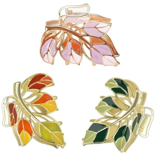 3-Piece Floral Metal Hair Clips, 3-Color Leaves Hair Claw for Thin/Medium Thick Hair Claws, Elegant Barrettes Strong Hold Hair Clamps Non Slip Cute Hair Catch Clip Accessories