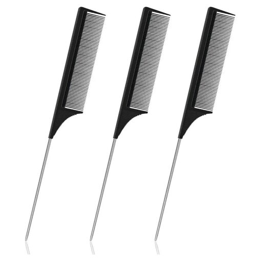 3 Pieces Rat Tail Combs Stainless Steel Pintail Comb Carbon Fiber Foiling Comb, Anti Static Hair Comb, Parting Combs for Braiding Hair ( Black )