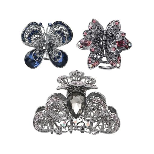 kilofly 3pc Women 's Rhinestone Crystal Faux Hair Clip Claw Barrettes Value Pack