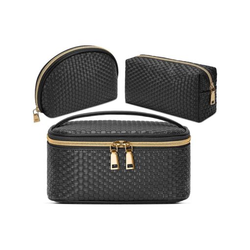 KTMOUW Makeup Bag 3 Pcs Waterproof Cosmetic Bag Set Portable Travel Cosmetic Bag Multifunction Organizer Storage Bag Weave Toiletry Bag for Women, Black