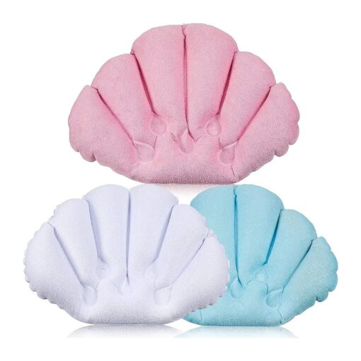 3 Pieces Inflatable Bath Pillow with Suction Cups, Terry Cloth Covered Bath Pillow Shell Shape Bathtub Spa Pillow Comfortable Soft Bath Cushion, Neck Support for Bathtub, Hot Tub ( Pink, Green, White )