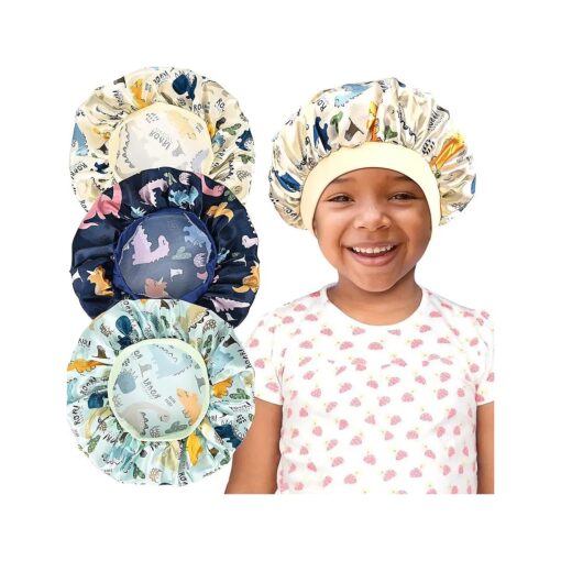 3 Pieces Kids Satin Bonnet Dinosaur Wide Elastic Band Sleeping Cap Soft Silk Double Layer Night Hair Hats for Teens Toddler Child Baby