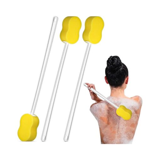 3 Pieces Long Handle Bath Sponge 22.4" Back Sponge on a Stick Lightweight Back Washer Handled Butt Scrubber Shower Brush for Foot Body Cleaning Bathing Limited Motion, Yellow Sponge