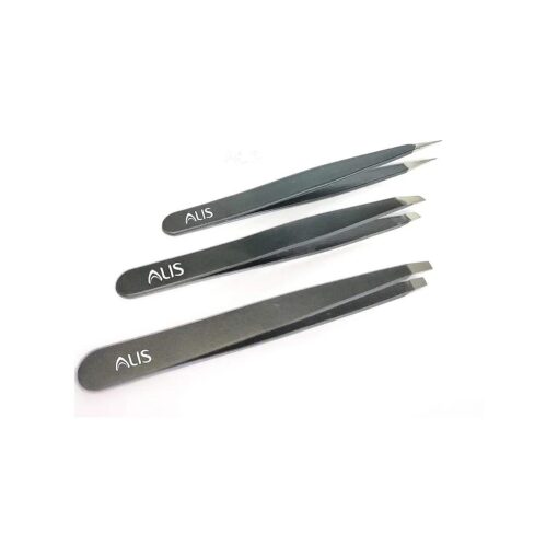 Ali 's 3 Pieces Durable Stainless Steel Slant Pointed Flat-Tip Tweezer for Eyebrow Face Nose Hair Removal ( Black )