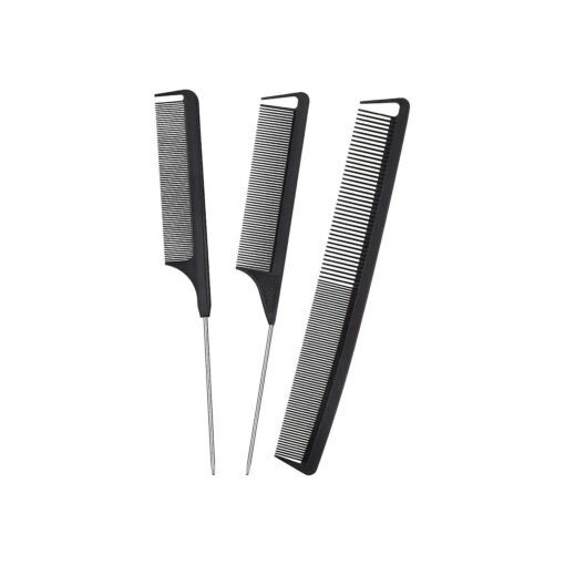 3 Pieces Rat Tail Comb Carbon Fiber Teasing Combs Parting Braids Stainless Steel Pintail Comb Heat Resistant Teasing Comb for Hair Salons