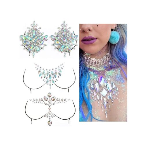 Breast Jewels Tattoo Rhinestone Chest Sticker Temporary Tattoo Glitter Breast Body Gems Tattoo Sticker Body Art Decor Jewel Paste for Festival Makeup ( 3 Sets )