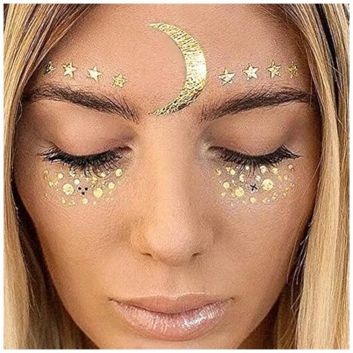 3 Sheets Face Tattoo Sticker Metallic Shiny Temporary Water Transfer Tattoo for Professional Make Up Dancer Costume Parties, Shows Gold Glitter