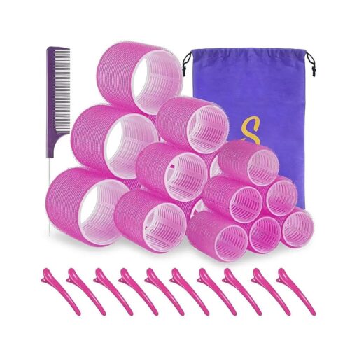 Self grip hair roller set,18 pcs, Hair rollers with hair roller clips and comb, Salon hairdressing curlers, DIY Hair Styles, Sungenol 3 Sizes Rose red Hair Rollers in 1 set