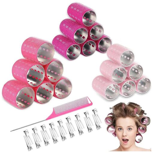 37 Pcs Aluminum Thermal Hair Rollers Set 3 Sizes Self Grip Hair Rollers 18 Pcs Duckbill Hair Clips, Comb Hairdressing Styling Tool, Random Color for Women, Men ( Pink Series, 1.1", 1.57", 1.97" )