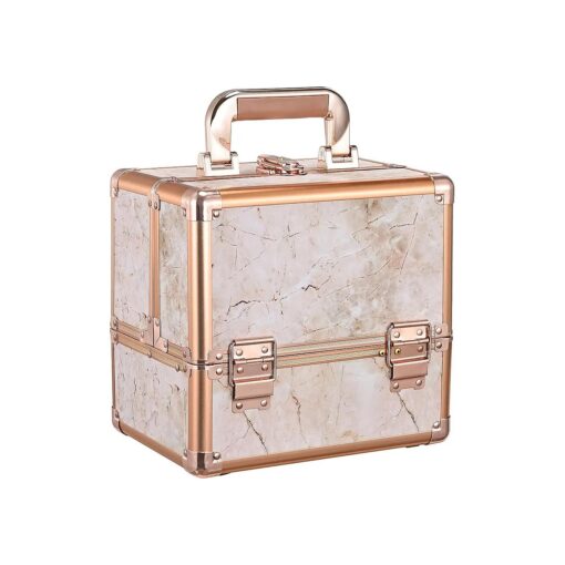 Costravio Makeup Train Case Rose Gold Cosmetic Box with Mirror & Brush Holder Home or Travel Organizer for Make-up and Jewelry Storage Box with 3-Tier Tackle Trays Portable Lockable Golden Marble