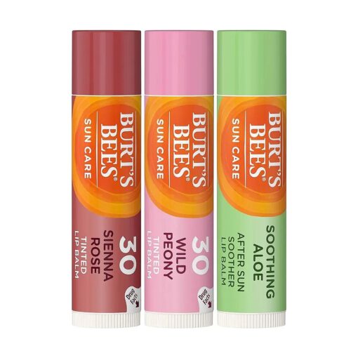 Burt 's Bees Sun Care Lip Balm Pack, SPF 30 Tinted Lip Balm, After Sun Lip Balm, Water-Resistant Lip Moisturizer, Wild Peony, Sienna Rose, Natural Origin Lip Care, 3 Tubes, 0.15 oz .