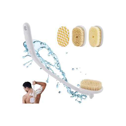 Back Brush Long Handle for Shower - Back Scrubber 3 in 1 Use with Soft, Stiff Bristle and Exfoliating Brush Head, 18" Bath Washer Body Scrub Brushes for Use in Shower for Men, Women, Elderly