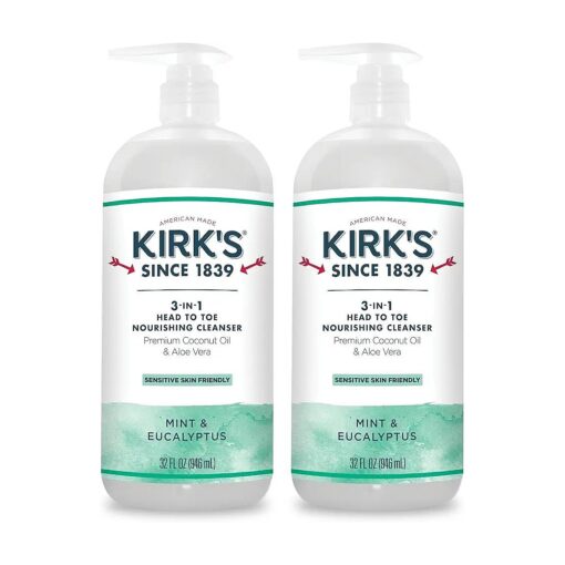 Kirk 's 3-in-1 Castile Liquid Soap Head-to-Toe Clean Shampoo, Face Soap & Body Wash for Men, Women & Children | Mint & Eucalyptus Scent | 32 Fl Oz, - 2 Pack