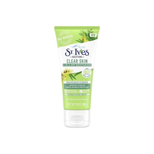 St. Ives Clear Skin Lotion - 3-in-1 SPF 25 Face Moisturizer for Acne Prone, Oily, or Combo Skin, Lightweight Sheer Daily Face Lotion with Tea Tree Extract & Witch Hazel, 3 Fl Oz